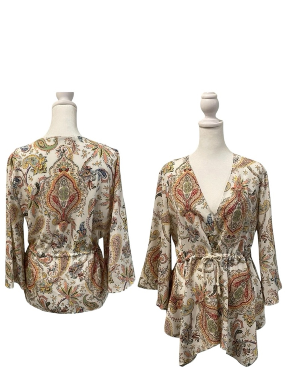 ZARA Paisley Blouse w/ Tie Waist, cream & colorful patterns. Like new.